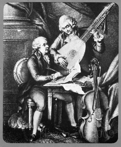 23haydn_mozartk.jpg - A képen Haydn lanton játszik, Mozart talán kottát ír. Ez az ábrázolás örökíti meg a bécsi klasszikus mesterek két generációját. Az idős mester tanítványa volt Mozart, aki mára talán ismertebb lett Haydnnál.F: http://www.vanedwards.co.uk/month/dec98/month.htm